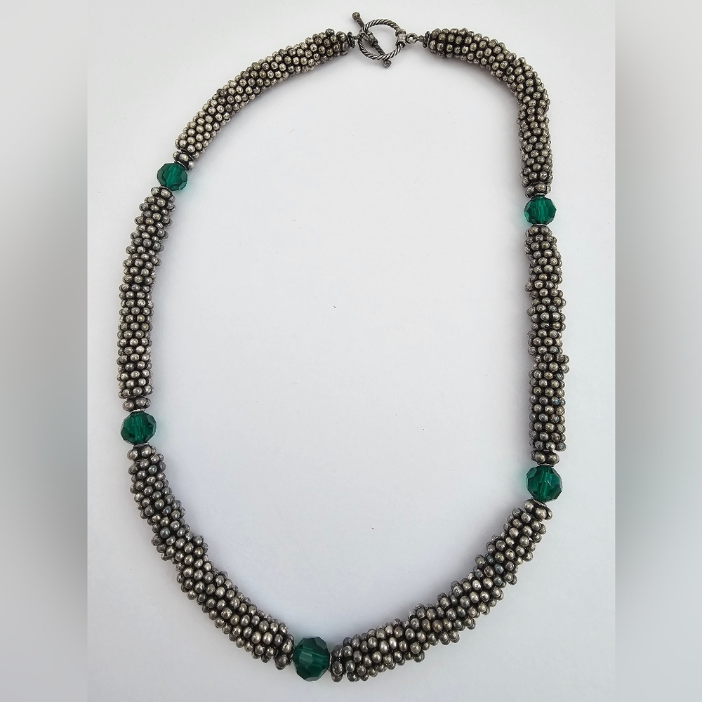 Vintage Antiqued Silver Popcorn Bead Necklace with Emerald Green Crystals